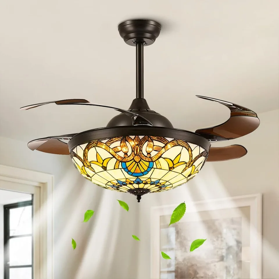 Stropný ventilátor Vitrálne sklo stropný ventilátor zasunuteľný stropný ventilátor lustrov