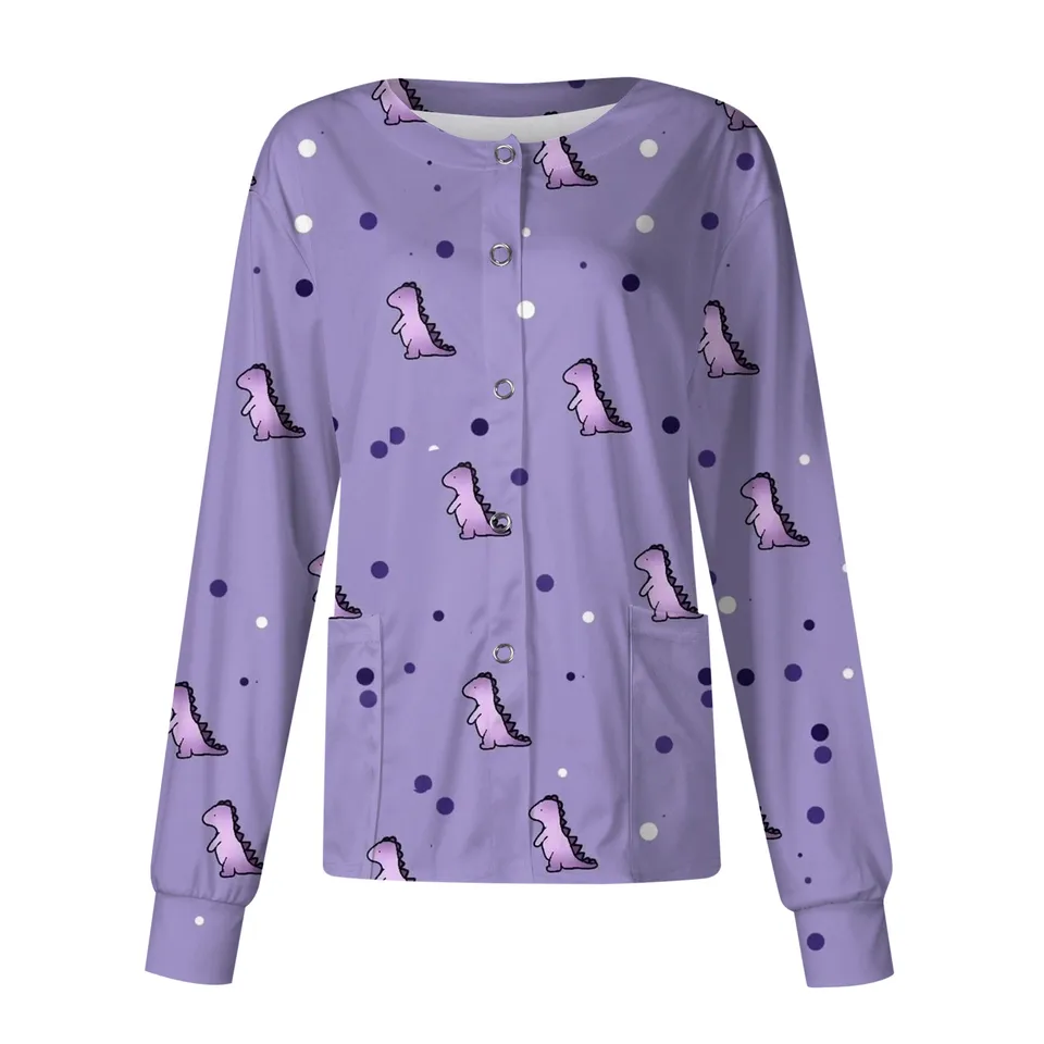 Strubová pružina pád na jeseň Spit Spa Nurse Uniforma roztomilý dinosaurus Print Coat Dámske klinika s dlhým rukávom Klinika Scrub Jacket Uniform sestra top horná sestra