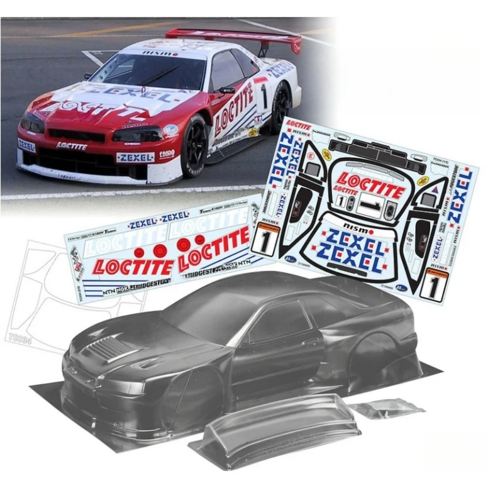 Stupnica 1/10 Nissan GTR R34 Clear Body Shell Set Fit RC Drift Chassis 257 mm koliesko Tamiya TT01 TT02 Kyosho Fazer Mk2 Yokomo