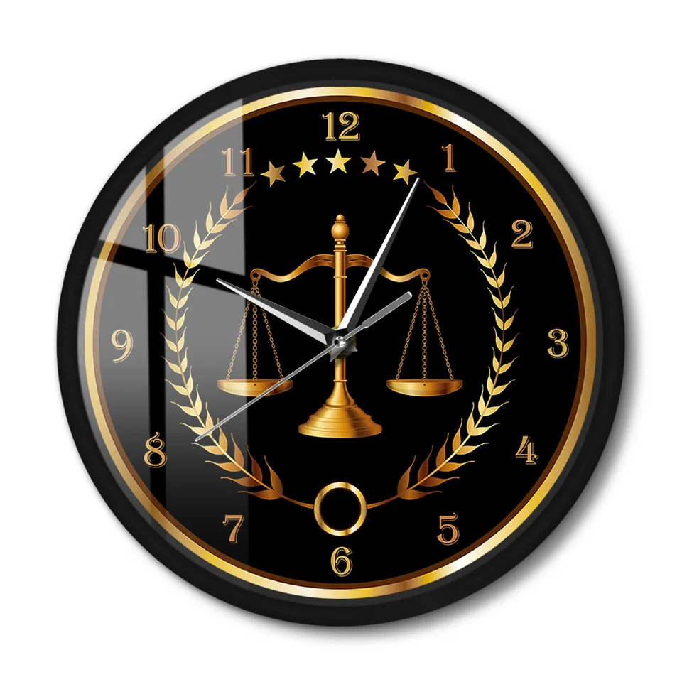 Stupnica Justice Metal Frame Round Clock Tichá sudca Zákon Black Watch for Lawyer Office Decor Decor Advokátska firma obývacia izba nástenné umenie