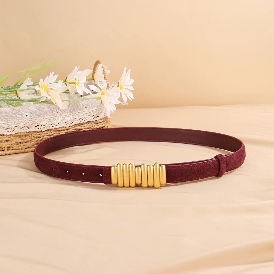 Suede Cowhide Skinny Belt for Women Gold pracka pre neformálne džínsové nohavice, Ancora červená