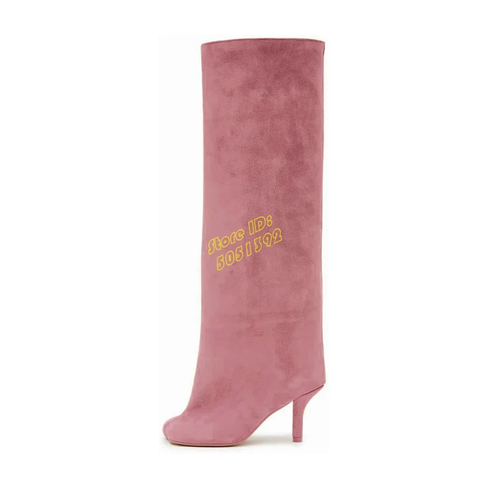 Suede Slouchy Knee High Boots Slip na Fashio 2024 Runway Square Toe Pink Brown Nové prílety Horúce predajné ženy Jeseň zimné topánky