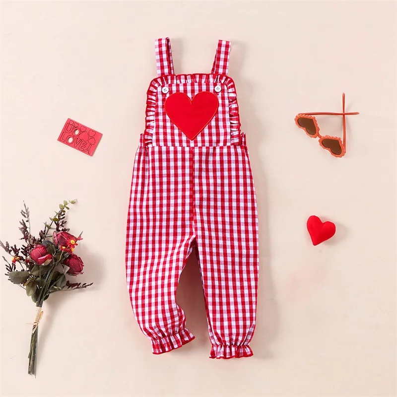Suefunskry dievčatko Bib Romper Ruoks bez rukávov so srdcom Plaid Tlač kombinézy Rufle štvorcové závesné nohavice na Valentín
