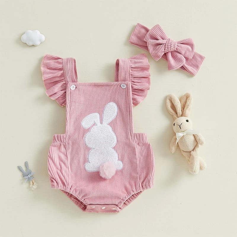 Suefunskry Dievčatko Veľkonočné letecké rukávové rukávy Bunny Bunny Romper s čelenkou