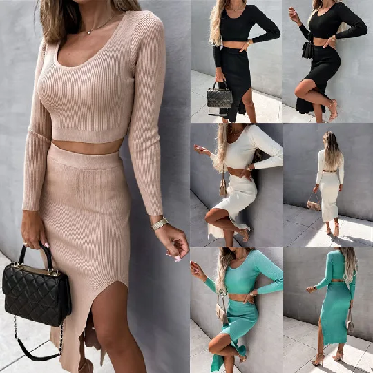 Suit Woman 2022 Autumn/Winter Solid Color s dlhým rukávom Dvojdielne móda Sexy Open Fork Squits Suits Dropshipping YYF2828