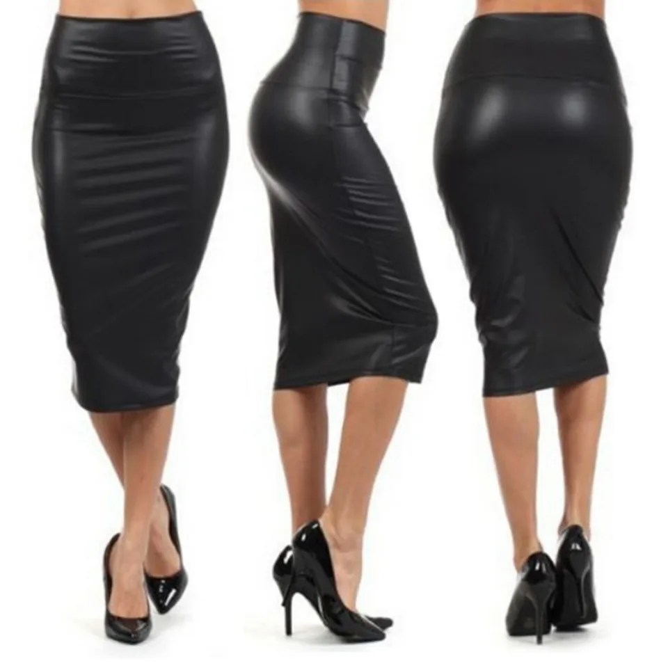 Sukne s vysokým pásom ceruzky vintage bodycon midi sukňa plus veľkosť kožená sukňa sexy jupe faldas s, m, l, xl, 2xl, 3xl