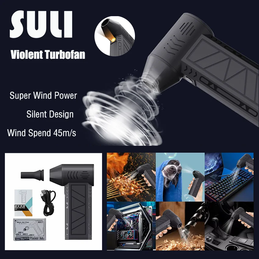 Suli Brushless Mini Air Blower 130000 RPM Elektrický vzduch Duster Nabíjateľný 3 Gear Turbo Násilný dúchadlo s čistením ľahkého auta