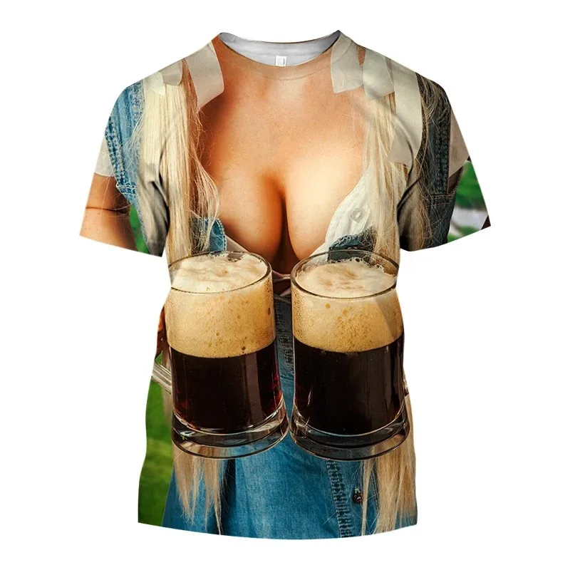 Summer Man Street Osobnosť Pop Hip Hop Funny Beer Beauty Fun 3D tlačený okrúhly krk uvoľnený priedušný tričko s krátkym rukávom