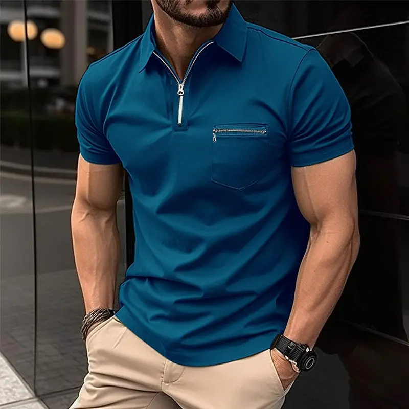Summer Men Polo košeľa s vreckom na zips, košeľu s mensportom, tričko s klopným zipsom, S-3XL s veľkou veľkosťou