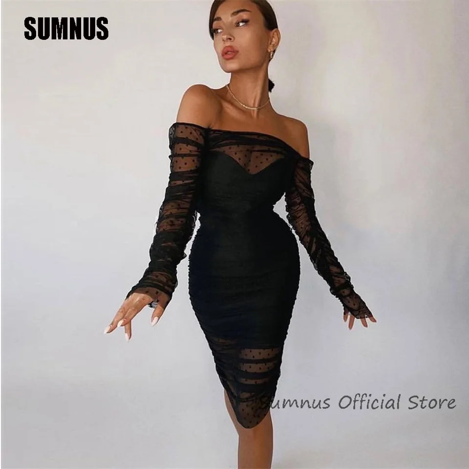 Sumnus číre čierne večerné šaty na kokteil párty mimo ramena Vestidos de fiesta ples šaty sexy koleno dĺžka koktailjurken