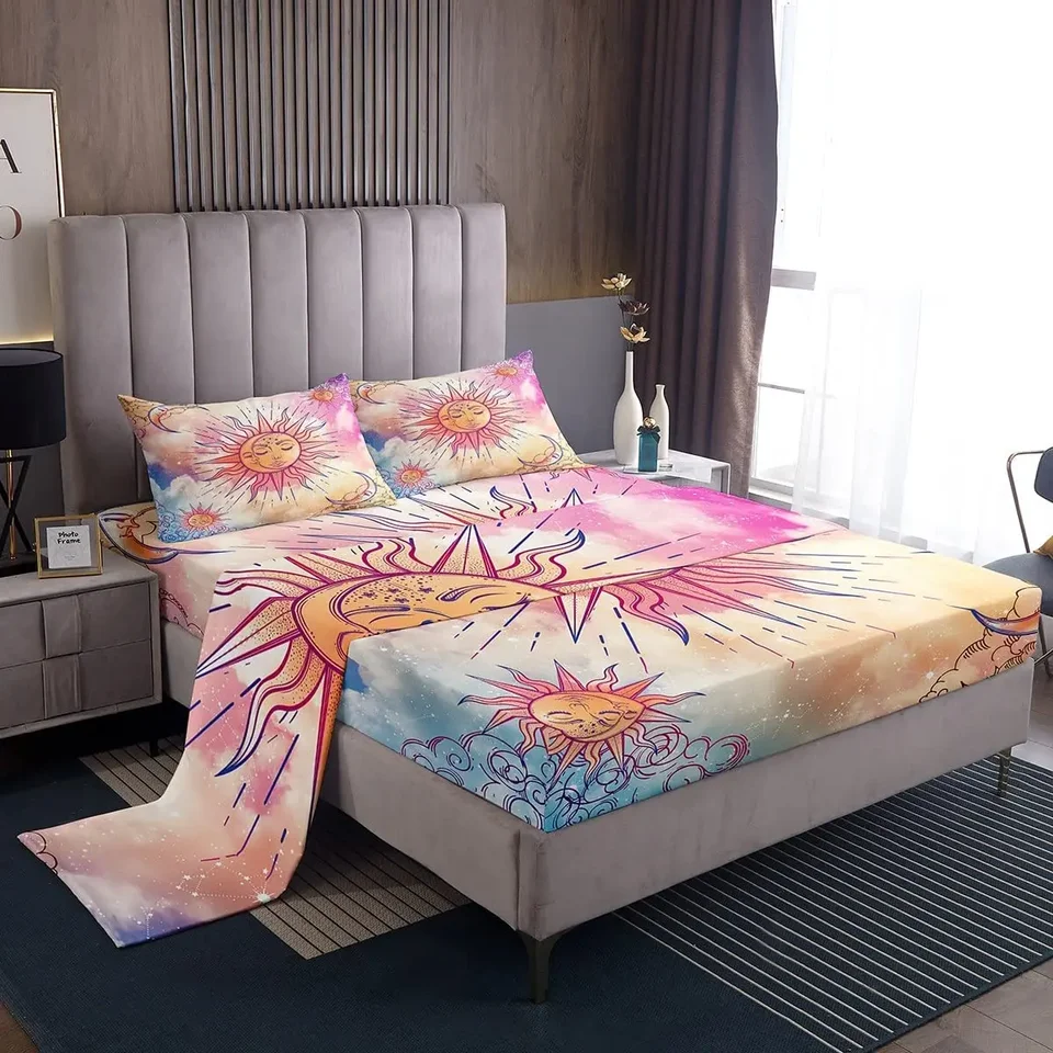 Sun a mesačný list sada plná veľkosť kráľa, hviezdy Moon Bedding Set Pink Blue Pastel Tie Dye Nadviazané plechové lôžko sada lôžka