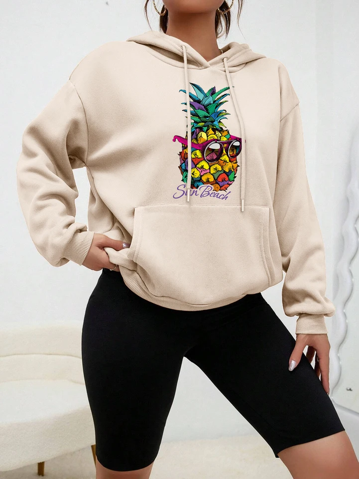 Sun Beach Cool Cartoon Ananás výtlačky kapucňa Dámske karikatúry módna mikina neformálne vreckové oblečenie jesenné hip hopové streetwear