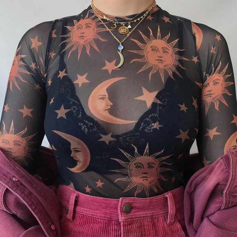 Sun Moon tlačený priehľadný sieť sexy tričko Sexy tričko Ženy O-krk s dlhým rukávom Slim Basic Basic Adasy Tops 2021 jar nový