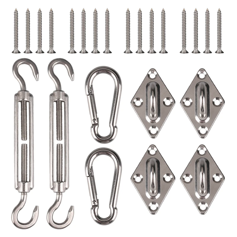 Sun Shade Sail Canopy Accessory 24ks/set 304 z nehrdzavejúcej ocele Hardware Kit s puncle vankúšikom očné karabíny klipové skrutky striebro