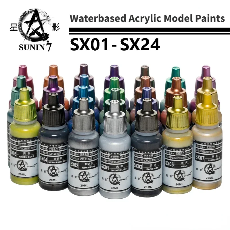 Sunin7 SX01-SX24 Vodný akrylový model Paint Super Metal Color Pigment pre vojenský model ručne maľba nástroje Hobby DIY 20 ml