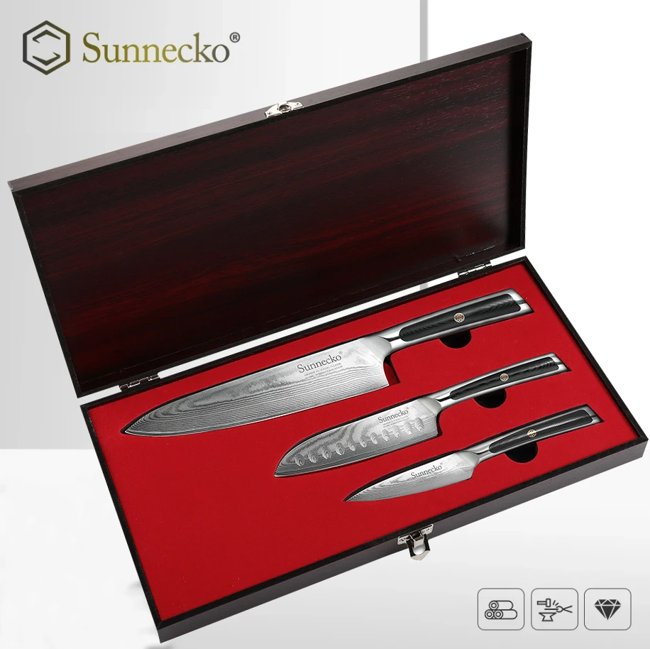 Sunnecko 8 '' Chef 5 '' Santoku 3.5 '' Saring Nôž vg10 damascus oceľové nože sada japonského štýlu ovocné mäso Filtové náradie