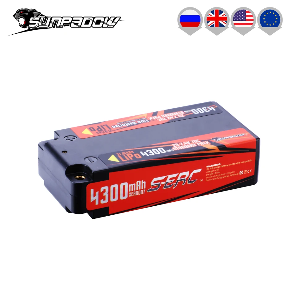 Sunpadow 2S Shorty Lipo Batéria 7.4V 4300 mAh 70c Tvrdé puzdro so 4 mm guľkou pre RC 1/10 Scale vozidlo Tank Tank Tank Buggy Champ