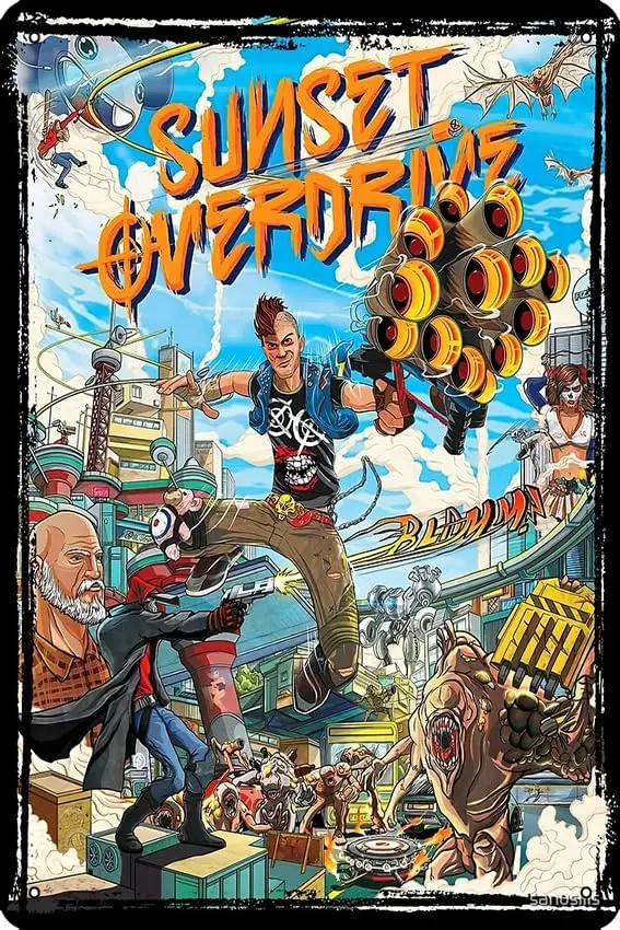 Sunset Overdrive Plagát 8 x 12 palcov Funny Metal Tin Sign Game Room Cave Wall Decor Decor