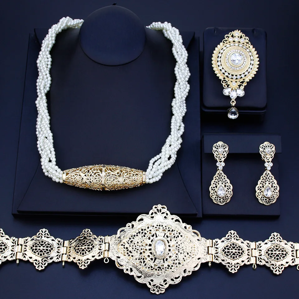 Sunspicems Chic Marocká nevesta súpravy šperkov Ženy Caftan Belt Beads Choker náhrdelník Crystal Broš