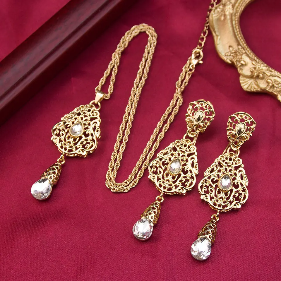 Sunspicems Fashion Arabské ženy šperky na šperky Marocká dlhá kvapka náušnice Arabesque prívesok Náhrdelník Africká dáma strana Bijoux