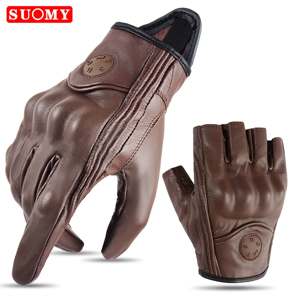 Suomy letné hnedé motocyklové rukavice s kozou kožou bez prstov Moto jazdiaca rukavice Half Finger Retro Men Dám
