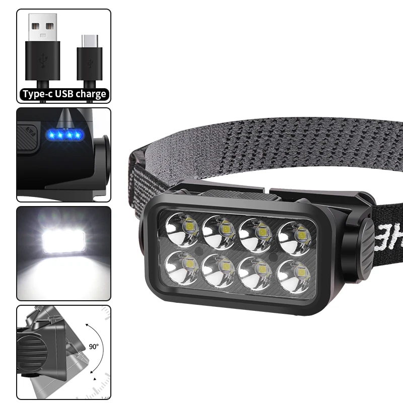 Super Bright 8 LED LED Nabíjateľná svetlomet Dlhá doska Vodotesný svetlomet Biele svetlo/červené svetlo Núdzová hlava s batériou s batériou