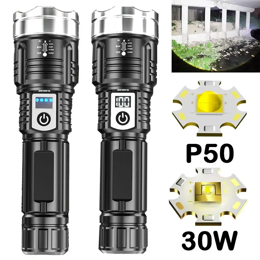 Super Bright P50 LED baterka USB nabíjateľná taktická zoom vodotesná kempová lampa Kemp Rybolov Lucerna s napájacím displejom