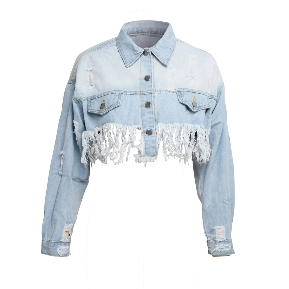 Super Hort Denim Jacket Ženy Sexy roztrhané džínsy kabáty Tassel Žena Plodina Top Slim Fashion Club Outfits High Street Jar Autumn