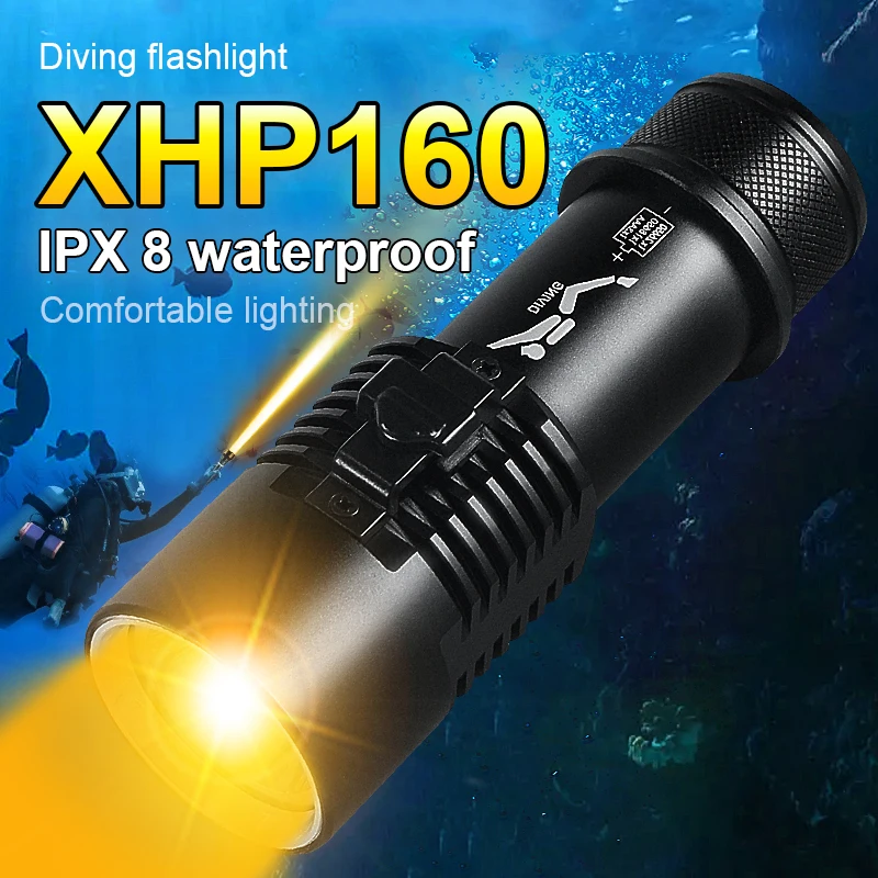 Super jasná profesia XHP160 potápačská baterka Výkonná pod vodou LED diódy nabíjateľnú žltú ruku vodotesnú lampu