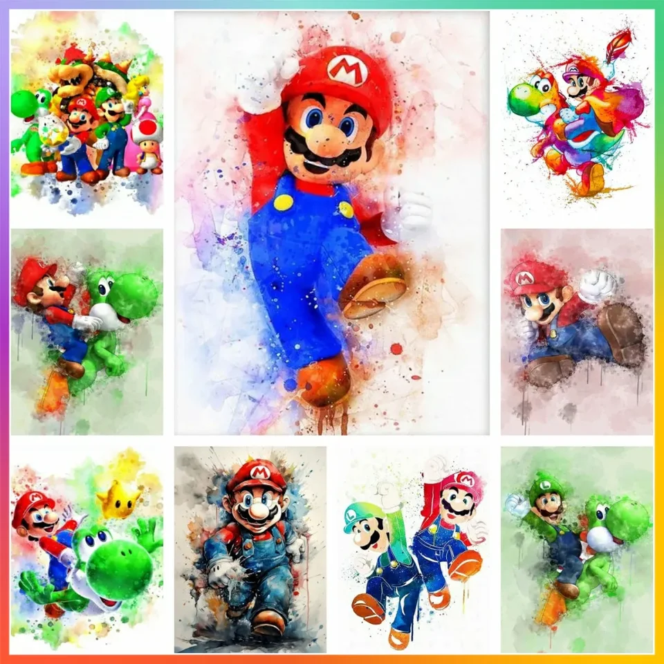 Super Mario Cartoon Anime Watercolor Mosaic Cross Stitch Diamond Maľba