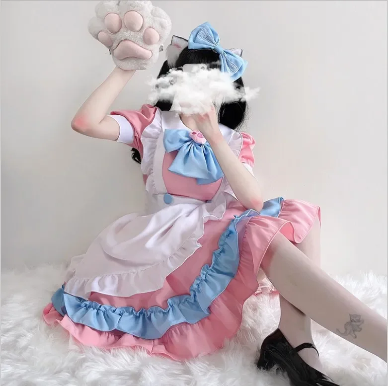 Super roztomilý veľký luk lolita šaty dámske oblečenie šéf ružové a modré roztomilé šaty s-4xl veľká veľkosť slúžky outfit cos