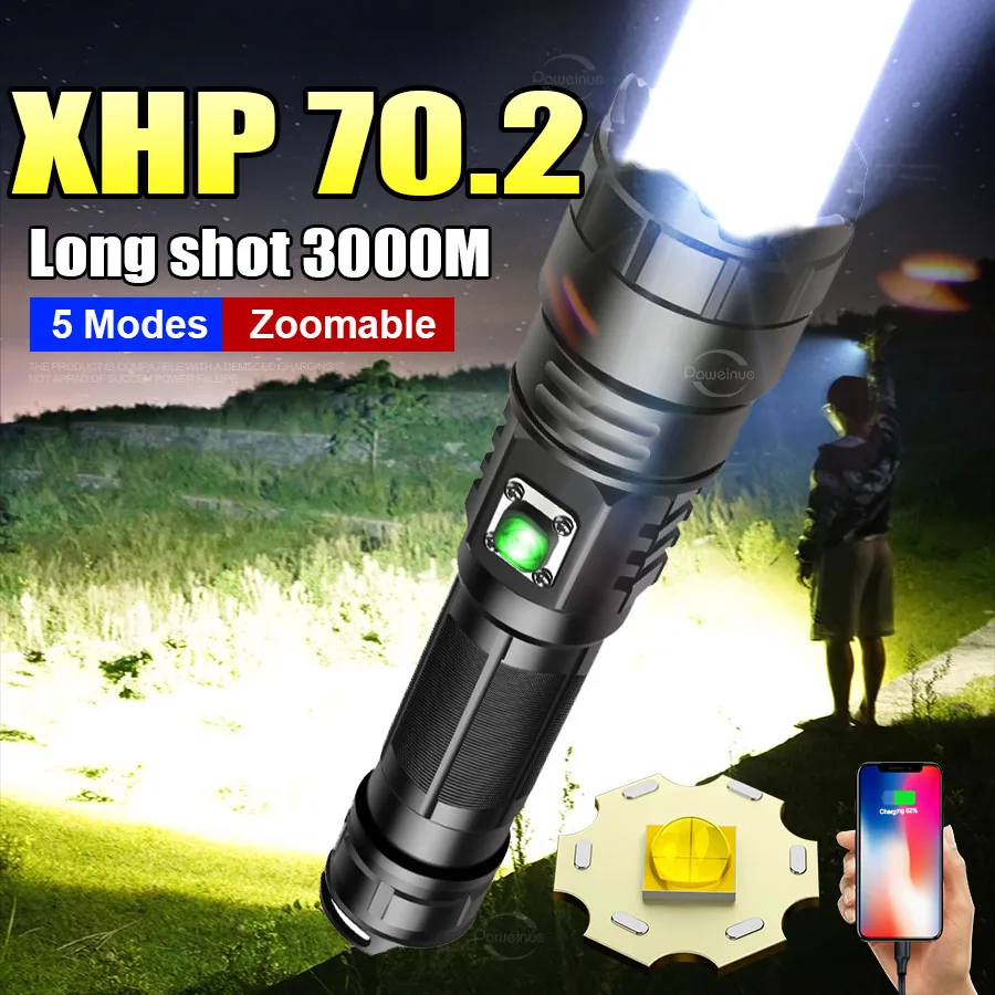 Super silný XHP70.2 Výkonná baterka Vysoko výkonná prenosná nabíjateľná LED baterky taktické ľahké kempingové lamp
