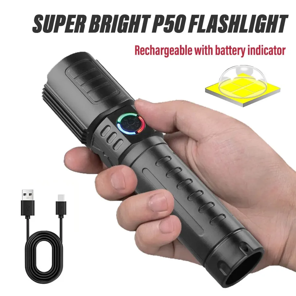 Super svetlá LED baterka s korálkami P50 Zoombateľné nabíjateľné pochodeň 3 osvetľovacie režimy nepremokavé vonkajšie silné osvetľovacie žiarovka