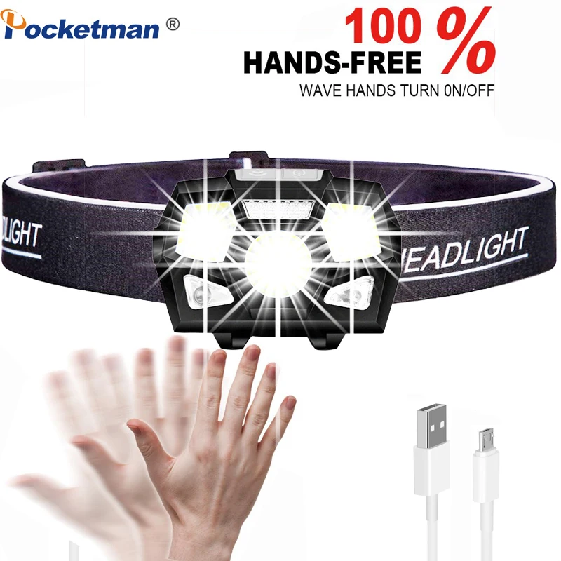 Super svetlá LED svetlometový snímač hard -klobúkovej hlavy Hlavná klobúky Výkonný svetlomet USB Nabíjateľná nepremokavá baterka