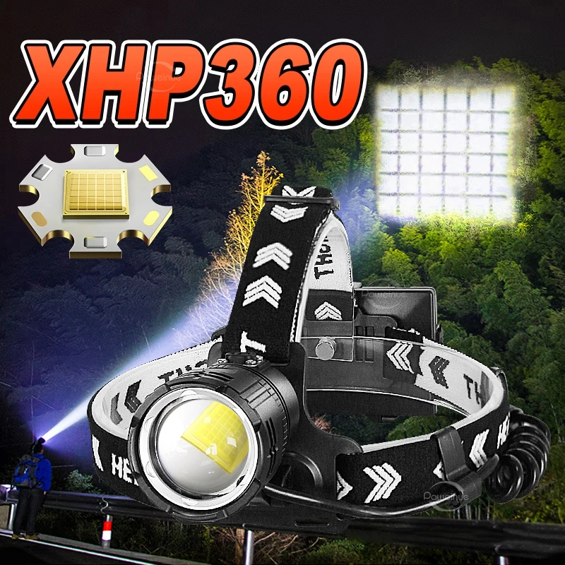 Super vysoký výkon XHP360 svetlomety typu C Nabíjateľné 36 36 Core Head Lamp Vodotesný dlhý výstrel Super Bright Head Torch na poľovníctvo