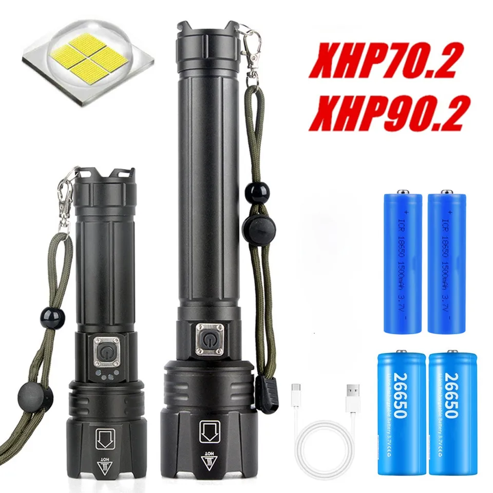 Super XHP90.2 Výkonná LED baterka 26650 Nabíjateľná taktická baterka USB Flash Light Torch Cree XHP70.2 LED lampila LED