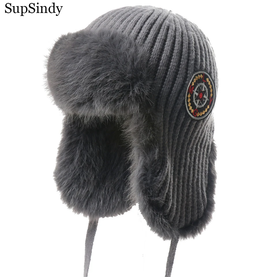 Supsindy Men Winter Bomber Hat Outdoor Motocykel Overa Zhusťte teplú faux kožušinu pilot uší uši