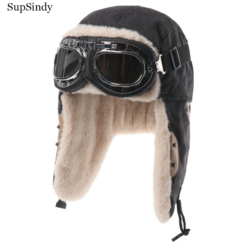 Supsindy Men Winter Bomber Hat s okuliarmi vonkajší motocykel Overa vodný teplý faux kožušina pilot uší klobúk Canvas Thermal Ushanka
