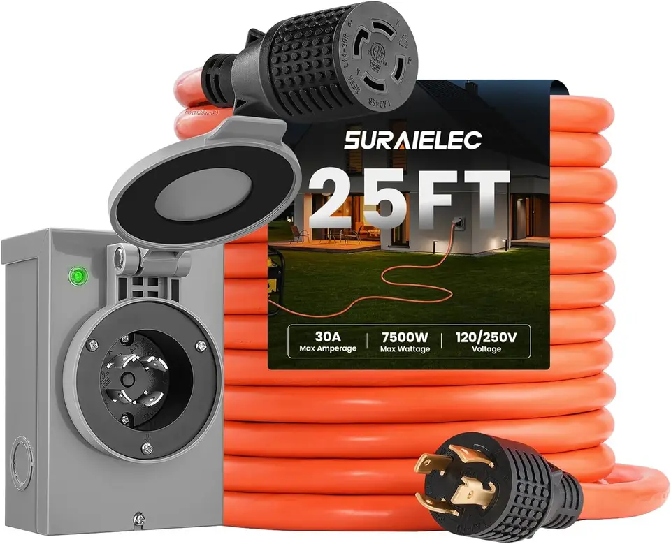 SURARIELEC 30 AMP 25ft Generátorový kábel a vstupná skrinka na napájanie, Generátorová skrinka so 4-bránkovým generátorovým káblom, NEMA L14-30P až L14-30R