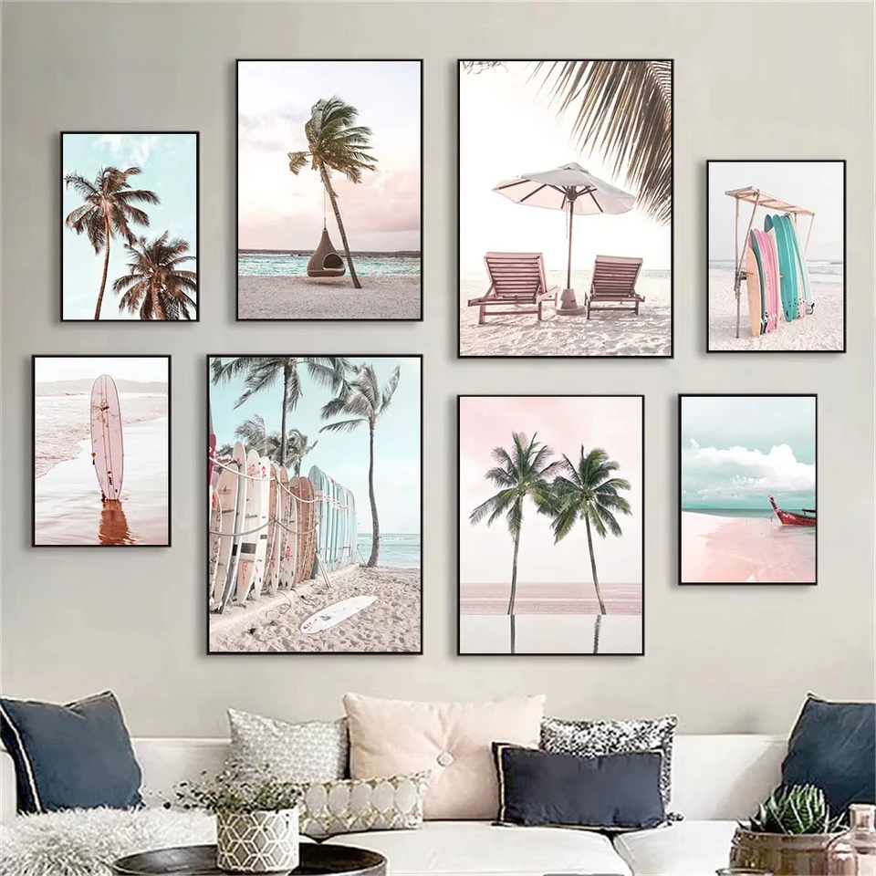 Surfovanie morskej hviezdy surfovanie dievča maľba pláž Palm Tree Surf Board Canvas Printing Pink Car Flamingo Wall Art Plagát Domáca dekorácia