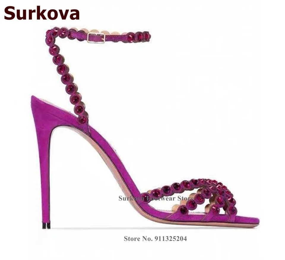 Surkova bling bling krištáľové svadobné topánky fialové zelené trblietky kamienok Strappy sandále s vysokým podpätkom elegantné pekné šaty čerpadlá