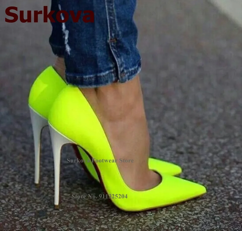 Surkova Neon Yellow Yellow 12 cm vysoké päty pumpy biele biele päty päty plytké svadobné topánky ružové džínsové džínsové nádherné banketové obuv veľkosť45