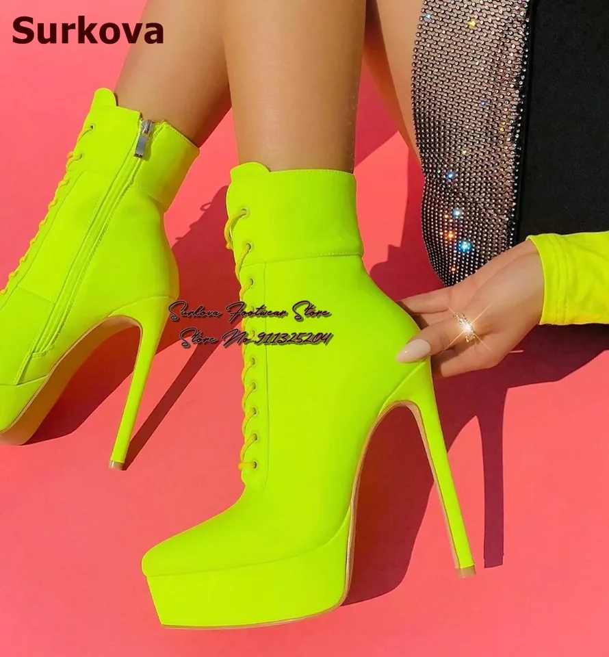 Surkova neón žltá ružová lycra textília tekvica päta päty členok topánky Platforma Platforma špicaté šnurované šnurované krátke topánky elegantné topánky