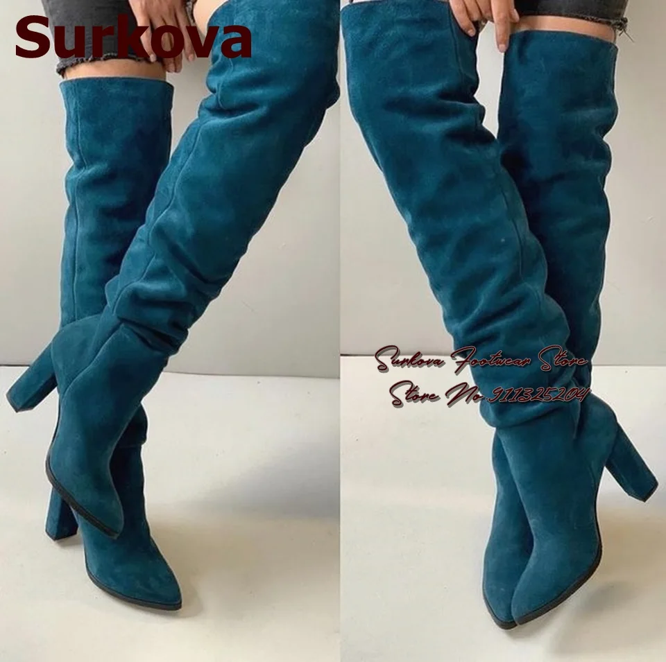 Surkova tmavá tyrkysová modrá semišná päta dlhé topánky Dlhé topánky Dámske slouch slouch šaty topánky zložené stehno vysoké topánky size46