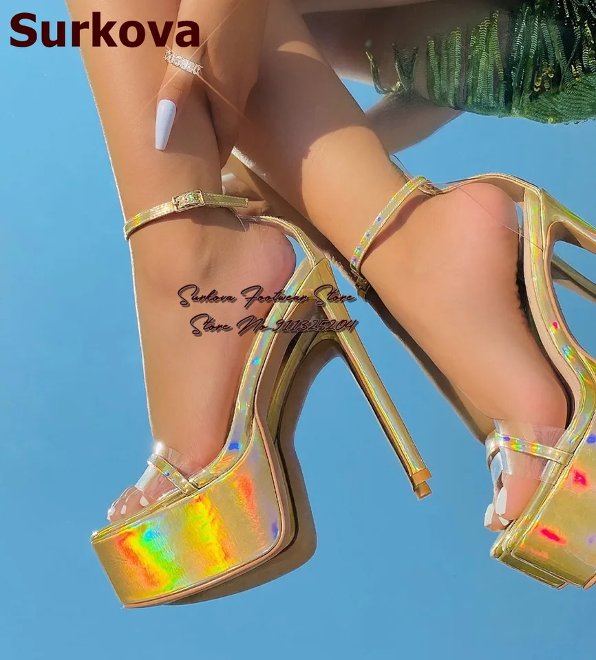 Surkova Zlaté ružové strieborné hologram Iridescent patentské kožené sandále Stiletto podpätky platforma PVC Band Patchwork Wedding Svadobné topánky