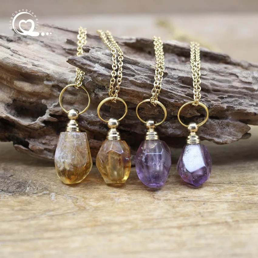 Surové citrínové parfumové fľaša prívesok Náhrdelník kúzlo Crystal Quartz Facetz Ametyst Oil Fľaštičky s drahokamom dám