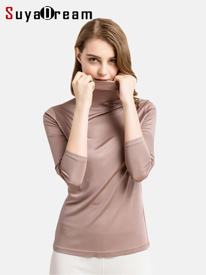 Suyadream Ženy Turtleneck s dlhým rukávom pevné pulóvery pletené prírodné hodváb elegantné dno dna tričko 2022 jarná jesenná horná časť
