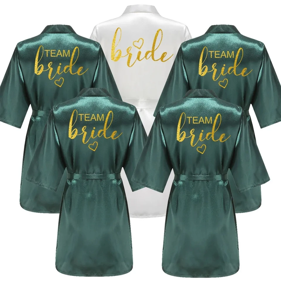Svadobná strana tímu nevesta rúž Kimono Satin pyžamy družičky župan zlatý list SP093