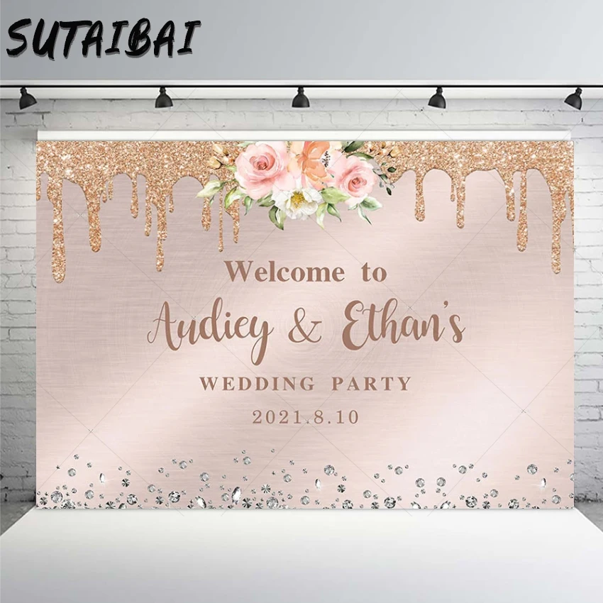 Svadobné výročie Party Pozadie Photography Rose Gold Pink Flowers Ozdoby