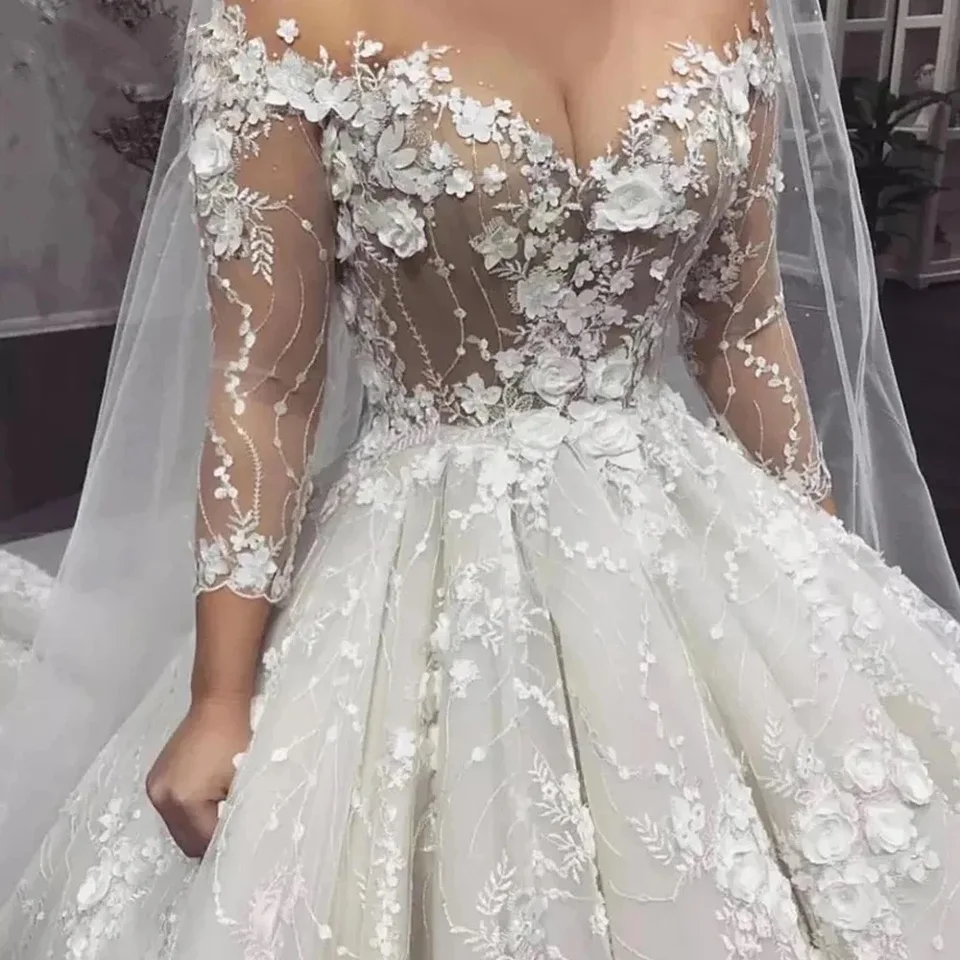 Svadobné šaty lopty Svadobné šaty Sexy ilúzia s dlhým rukávom vinobranie člnový krk kvety čipky svadobné šaty Vestidos de noiva prispôsobené